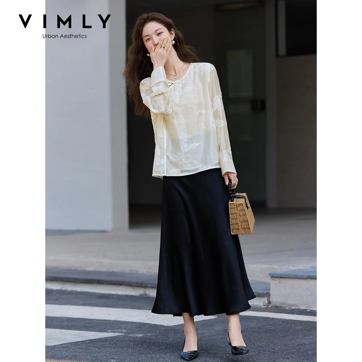 Embroidery On Shirt - VIMLY Aprikose Neue Chinesische Bestickte Chiffon-Bluse