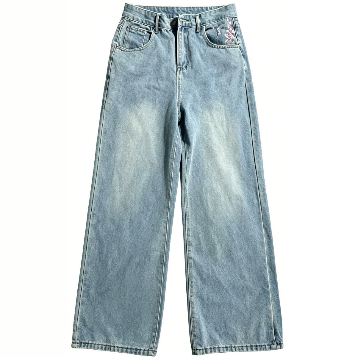 Embroidery Jeans Sakura - High-Waist Loose Straight Leg Jeans für