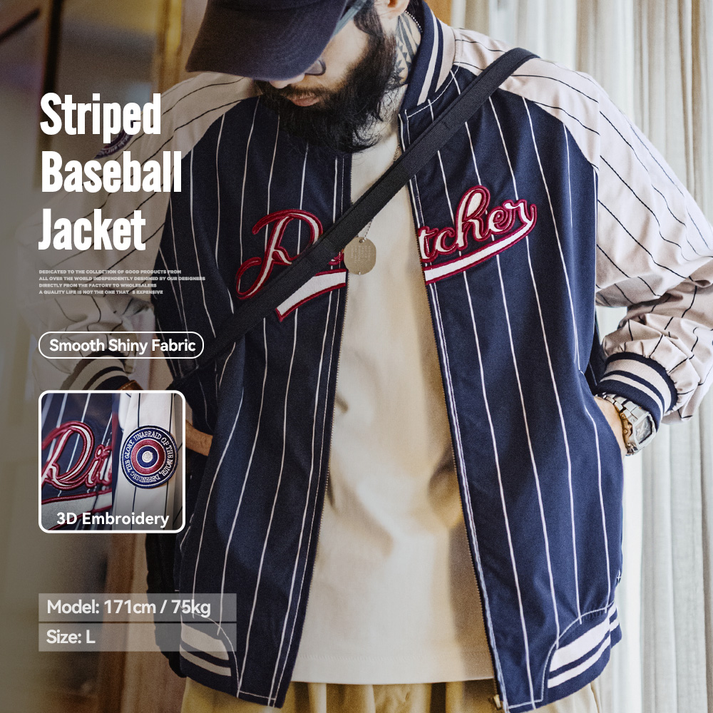 Embroidery Design - Maden Vintage gestreifte Baseballjacke, Buchstaben-Stickerei, Abzeichen-Designs,