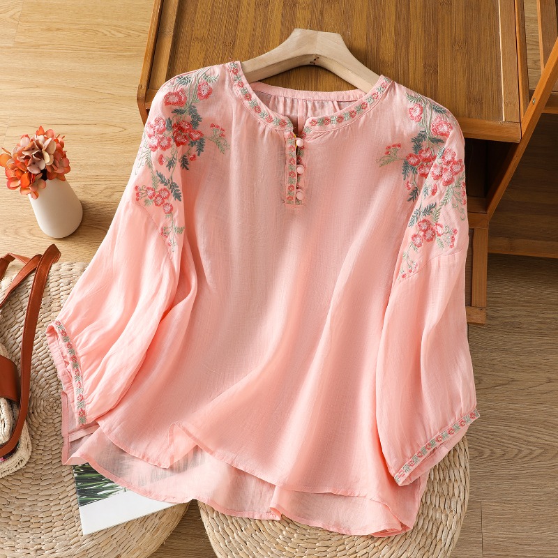Embroidery On Shirt - Chinesischen Stil frauen Kleidung Blusen Vintage