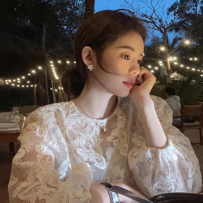 Embroidery On Shirt - MEXZT Elegante Sheer Weiß Shirts Frauen