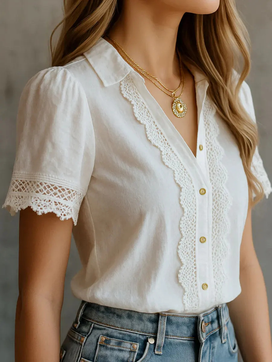 Embroidery On Shirt - Elegante Damenblusen, lässig, einfarbig, mit Revers,