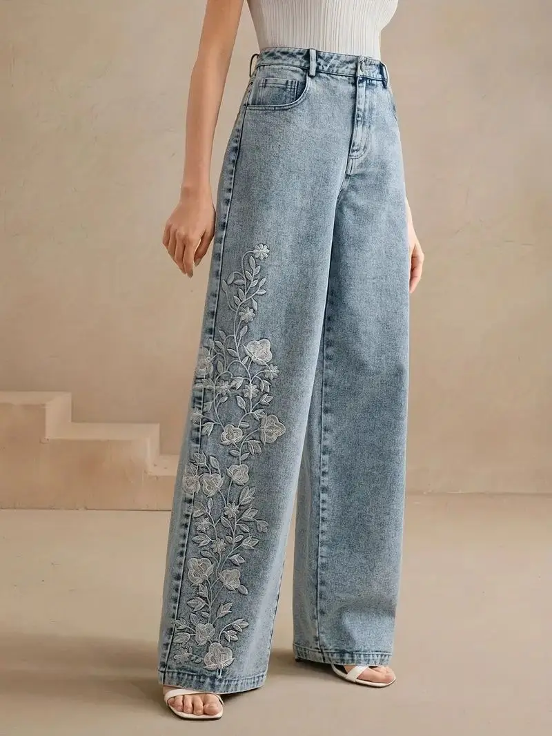 Embroidery Jeans - Damen Plus Size Y2K Straight Leg