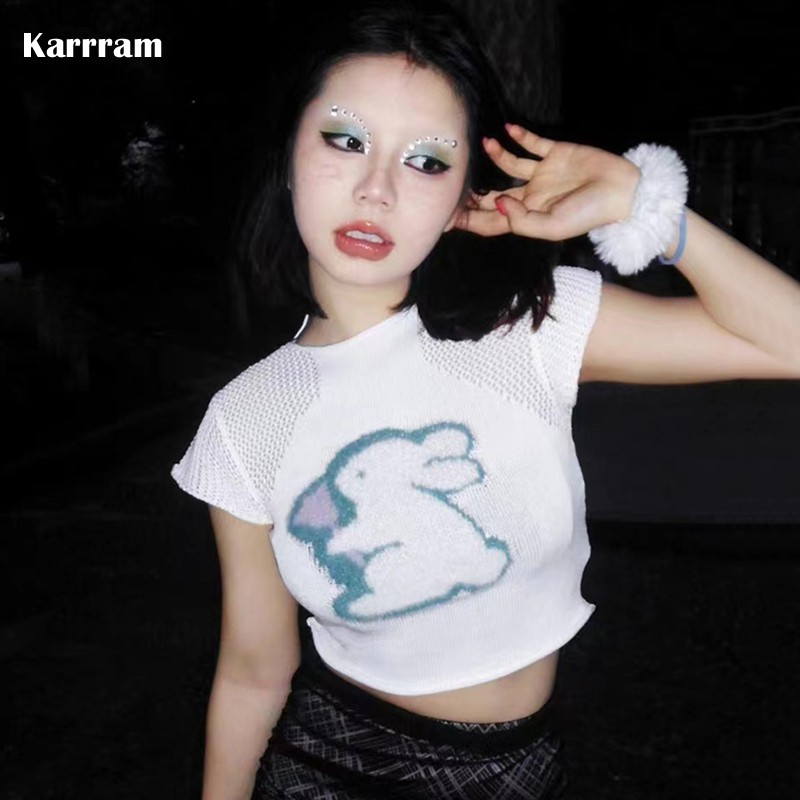 Embroidery Rabbit - Karrram japanische y2k gestrickte T-Shirt 2000s