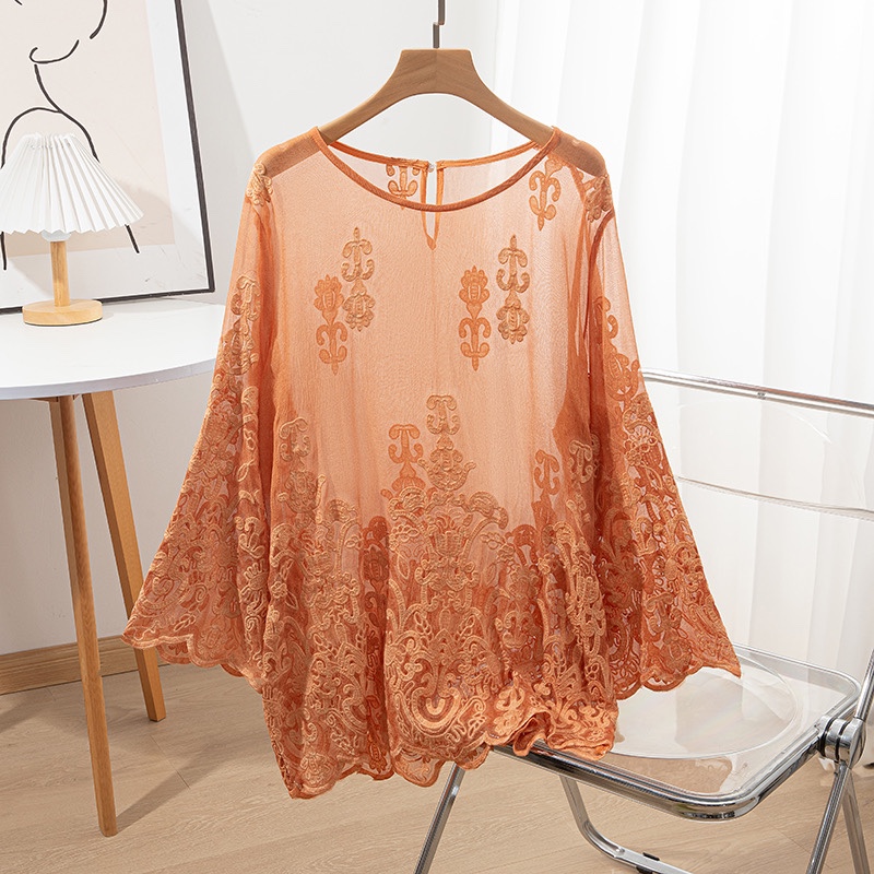 Embroidery On Shirt - 100% Maulbeerseide Damen Langarmbluse Orange Stickerei