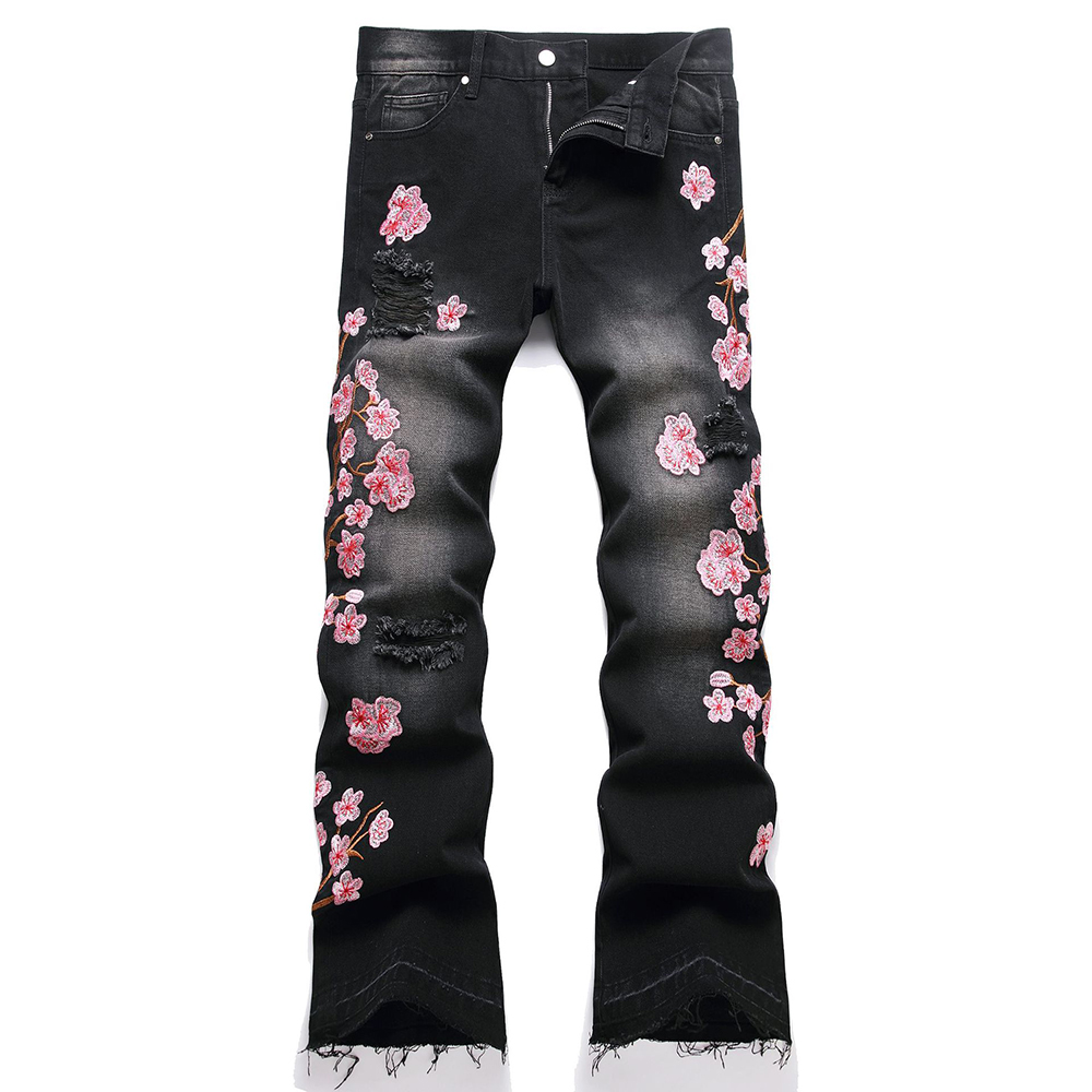 Embroidery Jeans Sakura - Herren Sakura-Stickerei-Denim-Jeans, Streetwear, Boot-Cut-Hose, ausgestellte Hose