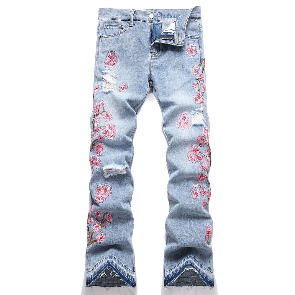 Embroidery Jeans Sakura - Männer Blumen Stickerei Denim Jeans Streetwear