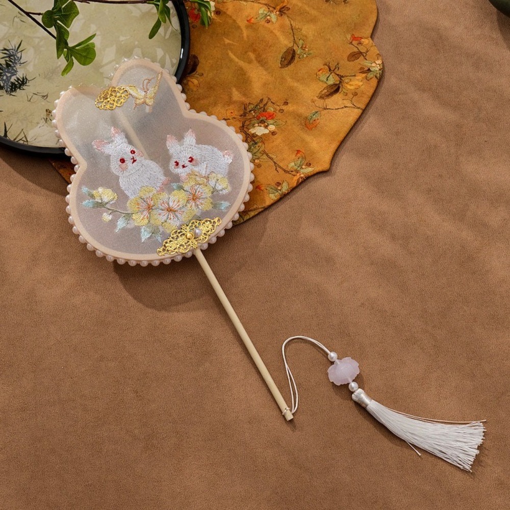 Embroidery Rabbit - Handgefertigter chinesischer Stickerei-Fächer mit langem Griff,