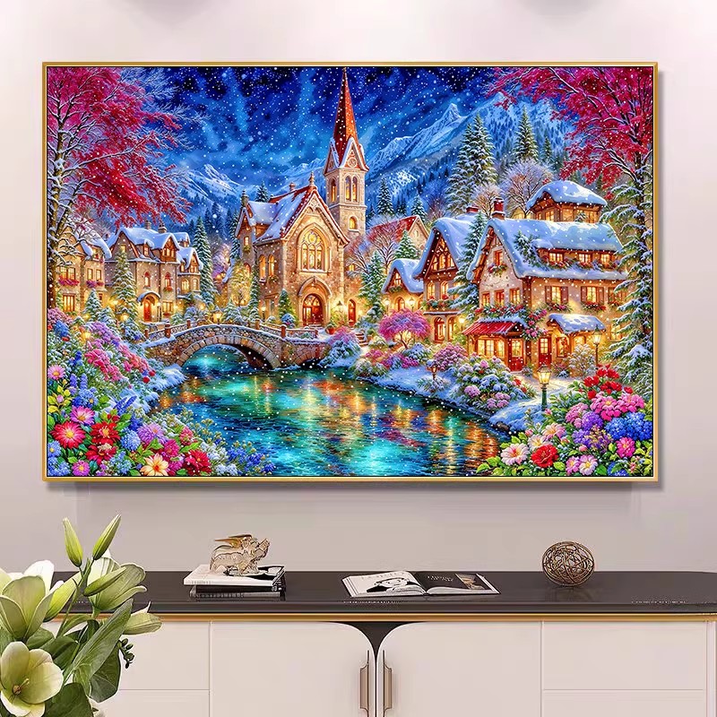 Embroidery X Stitch - 9ct 100x75cm Winter Kirchen-Stickerei DIY Bedruckte