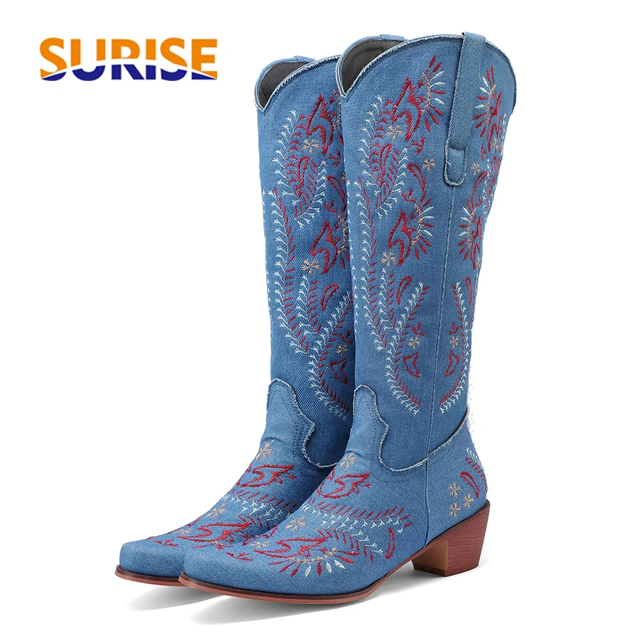 Embroidery Jeans - Blaue Denim Western Cowgirl Kniehohe Stiefel