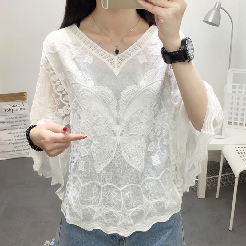 Embroidery On Shirt - Stickerei Spitze Weißes Hemd Frau Sommer