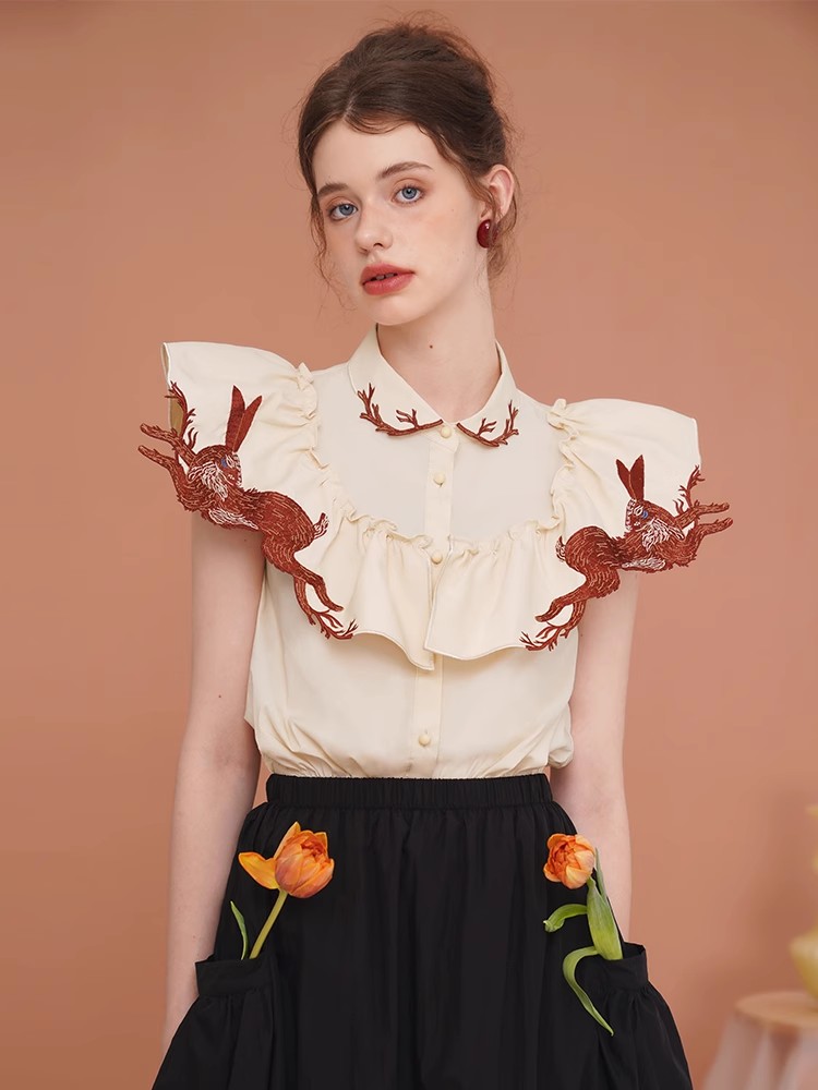 Embroidery Rabbit - Kaninchen besticktes Hemd für Frauen, exquisites