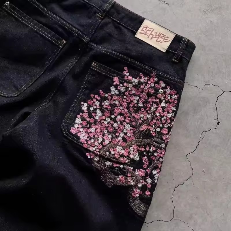 Y2K Herren Damen Harajuku Hip  – Embroidery Jeans Sakura Bewertung und Preis
